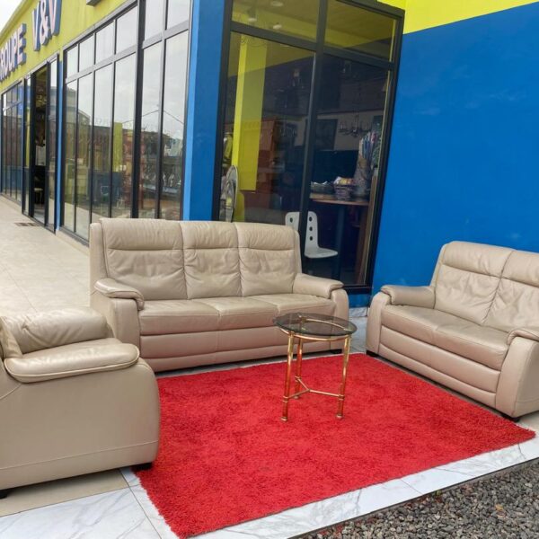 Salon en cuir beige composé de 06P (3+2+1) dont un canapé de trois places, un autre canapé de deux places et un fauteuil.